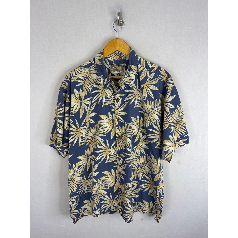 Tori Richard Mens XL Hawaiian Shirt Navy Blue Tan Palm Leaf Cotton Viscose USA